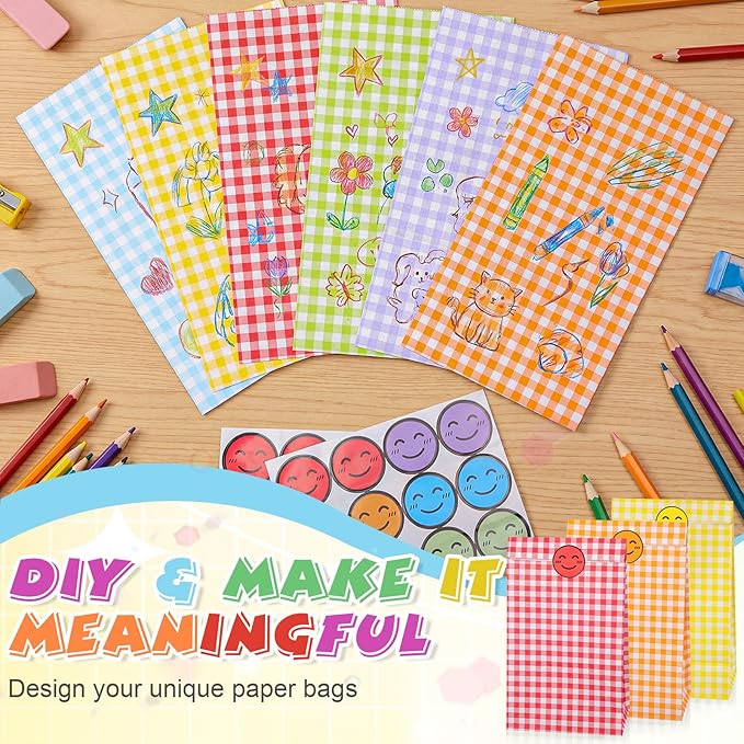 Nezyo 60 Pcs Pastel Gingham Paper Gift Bags with Stickers for Party 5.1 x 3.1 x 9.4 Inches Colorful Rainbow Paper Candy Bag for Party Favor Wedding Birthday Candy Snack DIY Goodie Treat (Plaid)
