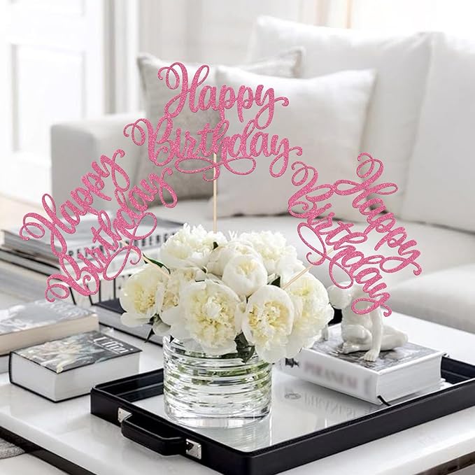 12 PCS Happy Birthday Centerpiece Sticks Double Sided Glitter Birthday Party Table Flower Centerpieces Anniversary Floral Decorations for Celebrating Birthday Party Centerpieces Supplies Pink