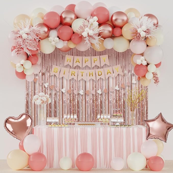 Boho Dusty Pink Birthday Decorations for Women, Happy Birthday Party Decorations, Happy Birthday Banner, Retro Pink Nude Ivory White Sand Balloons, Paper Pompoms, Heart Garland, Party Decor for Girls