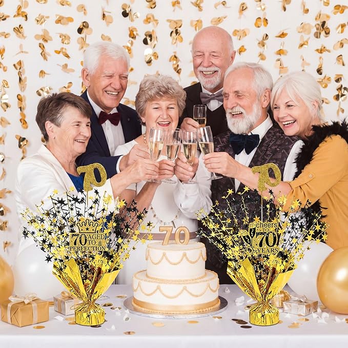 Tatuo 4 Pcs Metallic Foil Spray Centerpiece Happy 30th 40th 50th 60th 70th 80th Years Centerpiece Table Decorations for Black and Gold Birthday Anniversary Wedding Party Table Decor(70th Birthday)