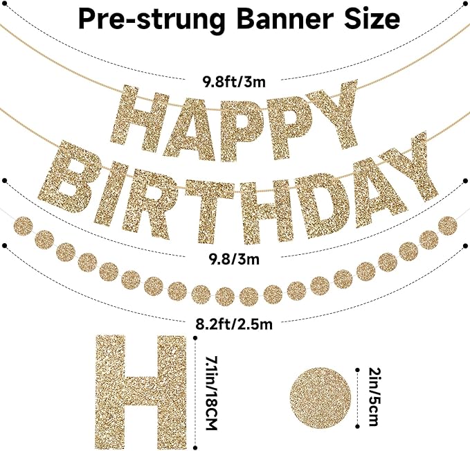 GCQQ Champagne Gold Happy Birthday Banner - Pre-Strung Glitter Gold 3M Pre-Strung Letter Banners + 2.5M Dot Garland Birthday Party Decorations for Women, Bridal Shower, Baby Shower & Anniversary