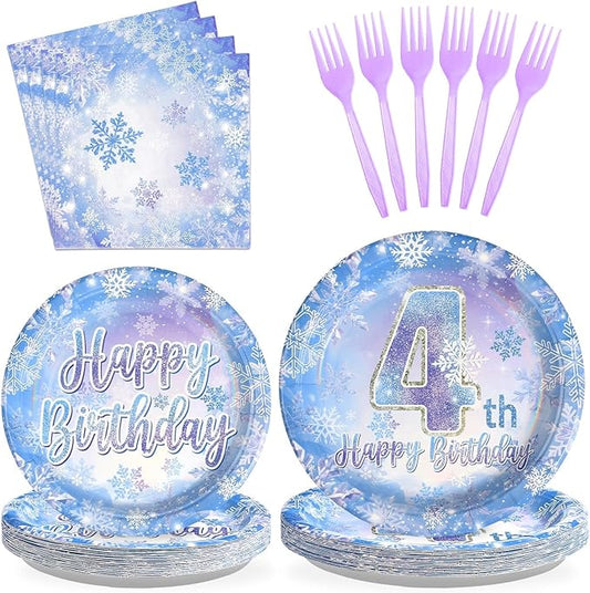 Grencian 96Pcs Frozen Party Supplies Plates Winter Onderland 4th Birthday Plates Winter Snowflake Happy 4th Birthday Tableware Disposable for Kids Girls Frozen Themed Party Christmas