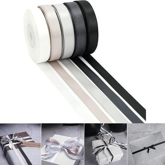 HUIHUANG Black White Silver Ribbon 3/8" Satin Ribbon Assorted 5 Colors Double Face Solid Color Ribbon for Holiday Day Gift Wrapping DIY Bow DIY Crafts, 10 Yard Each Total, 50 Yds Per Package