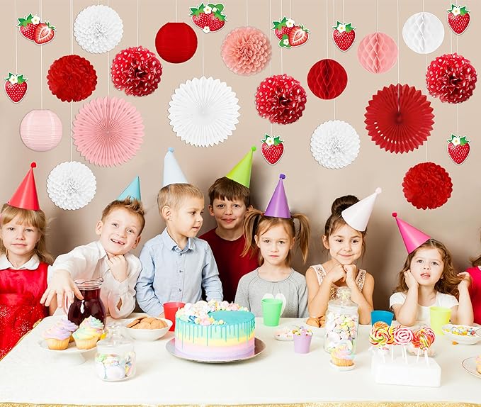 26pcs Strawberry Birthday Party Decorations – Red Pink White Paper Fans, Tissue Pom Poms for Berry Sweet Girl 1st , Baby Shower, Shortcake Theme Supplies