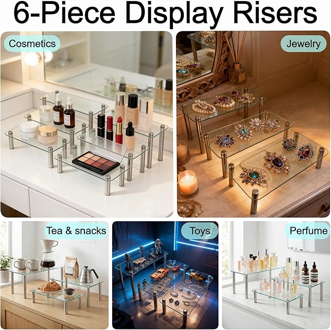6 Pack Tempered Glass Display Stands Set, 13 Inch Rectangular Cake Cupcake Stand Dessert Display Riser Serving Platter Plate for Decoration Table Party Wedding Baby Shower