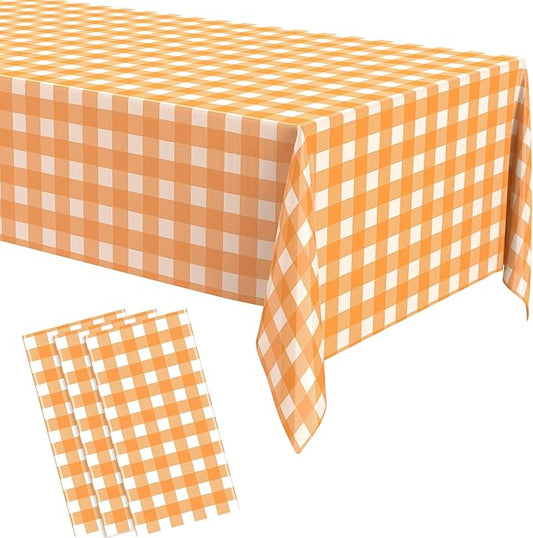 Remagr 3 Pcs Orange and White Checkered Table Cloth 54 x 108 Inch Disposable Buffalo Plaid Plastic Table Cloth Waterproof Rectangle Gingham Tablecover for Picnic, Dining, Birthday Party Decor