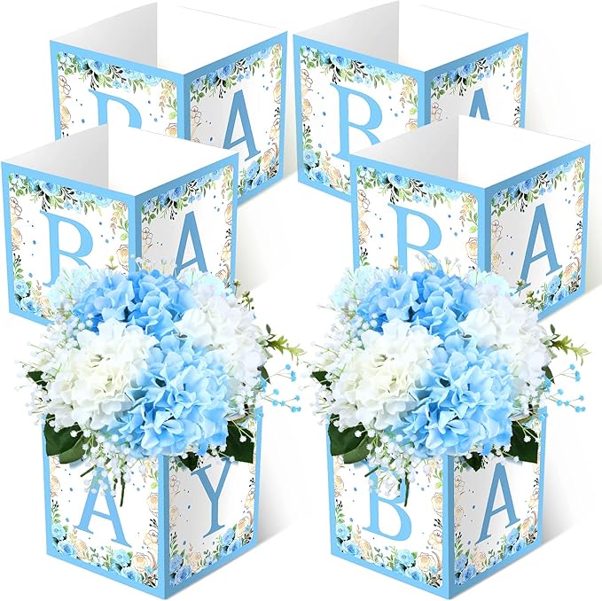 Bucherry 6 Pcs Baby Shower Centerpieces with Letters, 7" Baby Blocks Flower Boxes for Table Decorations, Gender Reveal Party Supplies & Photo Props(Blue,Blue Floral)