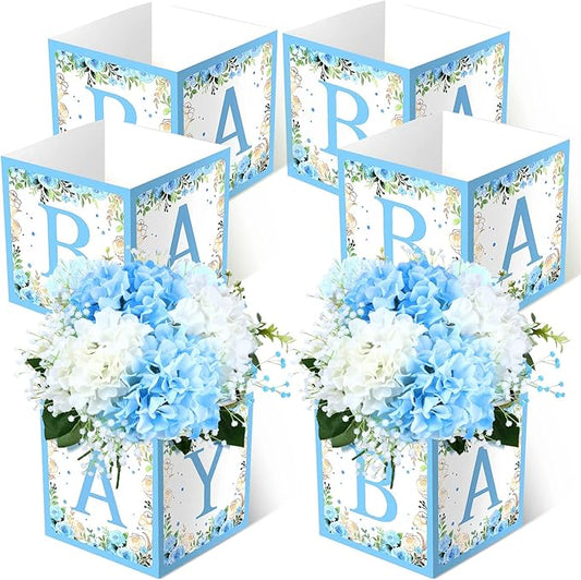 Bucherry 6 Pcs Baby Shower Centerpieces with Letters, 7" Baby Blocks Flower Boxes for Table Decorations, Gender Reveal Party Supplies & Photo Props(Blue,Blue Floral)