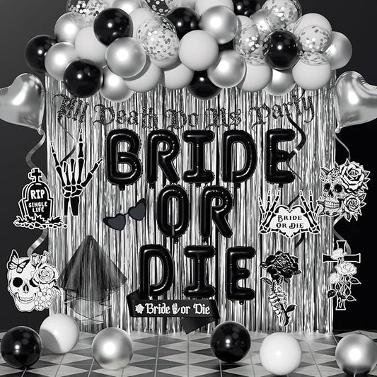 Bride or Die Bachelorette Party Decorations 100pcs with Till Death Do Us Party Banner Balloons, Swirl Fringe Curtains Shoulder Strap Veil for Til Death Do Us Party Bachelorette Party Supplies