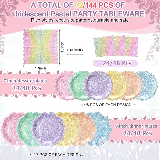72 Pcs 24 Guests Pastel Glitter Party Plates and Napkins Pastel Scalloped Paper Plates Napkins Glitter Disposable Tableware for Birthday Bridal Baby Shower Wedding Decorations Party Supplies