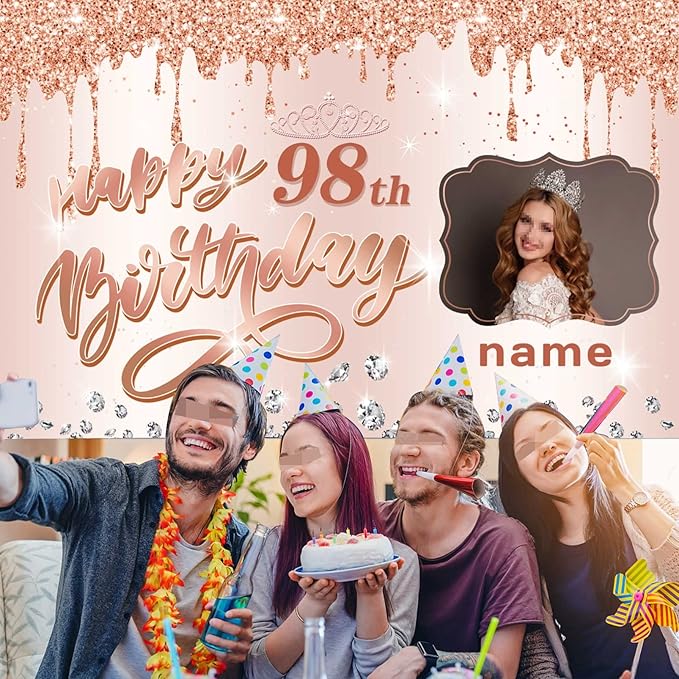Customizable Rose Gold Happy 98th Birthday Decoration Banner - Personalized with Name and Photo