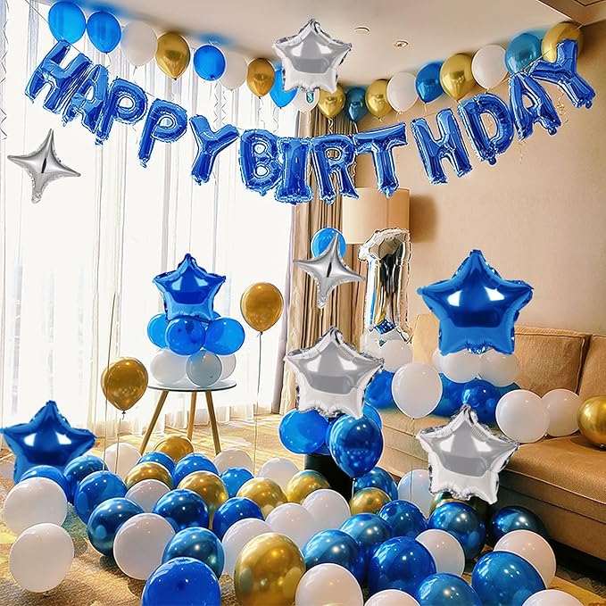 CANREVEL Happy Birthday Banner 13pcs 16 Inch Mylar Foil Letters Sign with 8pcs Star Balloons Birthday Party Decorations for Kids and Adults - 3D Blue