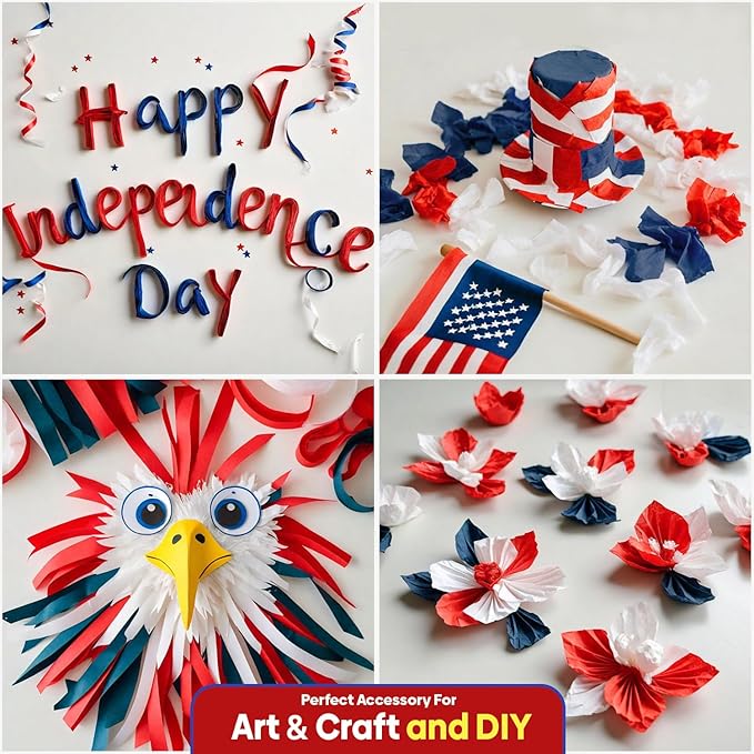 6 Unique Red, White and Blue Streamers, 492ft Pack of Red, White and Blue Crepe Paper Rolls for USA Decorations, American Party Decorations, 4th of July (1.8 inch x 82 ft/Roll)