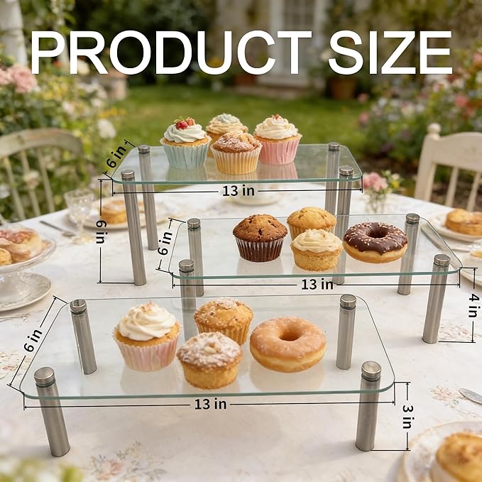 6 Pack Tempered Glass Display Stands Set, 13 Inch Rectangular Cake Cupcake Stand Dessert Display Riser Serving Platter Plate for Decoration Table Party Wedding Baby Shower