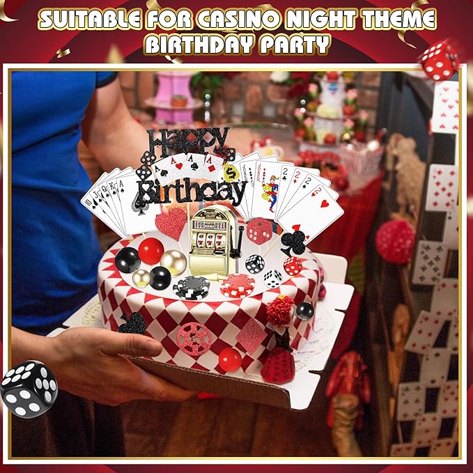 Beeveer 42 Pcs Casino Cake Topper Decorations with Candles Poker Game Chips Player Happy Birthday Cake Pick Set for Las Vegas Scene Birthday Party Decoration
