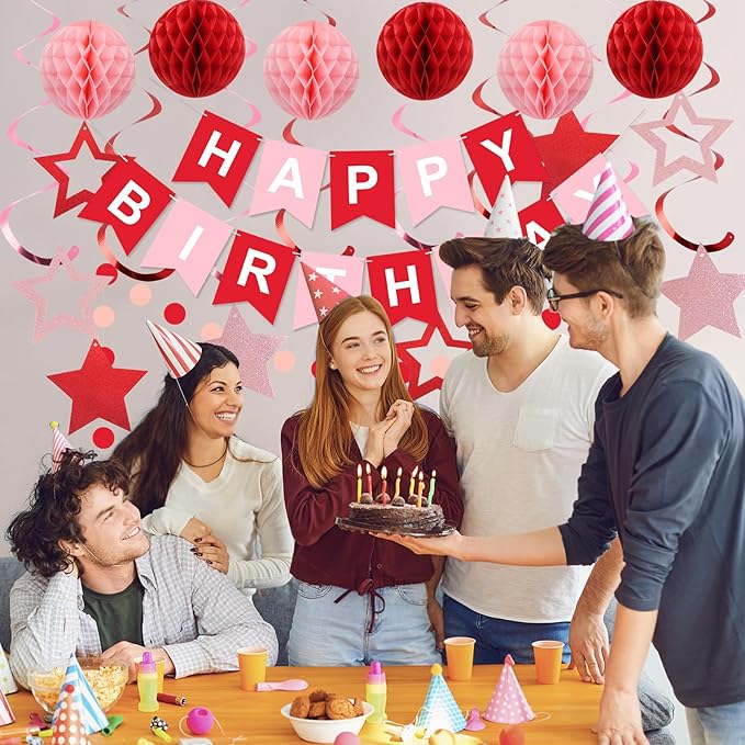 meowtastic Birthday Decorations, Happy Birthday Banner with Honeycomb Balls, Stars Hanging Swirl Streamers, Circle Dots Garland, Happy Birthday Party Decorations for Women Men Boys Girls (Red)