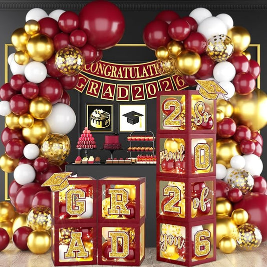 Graduation Decorations Class of 2026,Maroon and Gold Graduation Decorations 2026,Maroon and Gold Grad Balloon Boxes with Letters 2026,So Proud of You Backdrop for Graduation Party