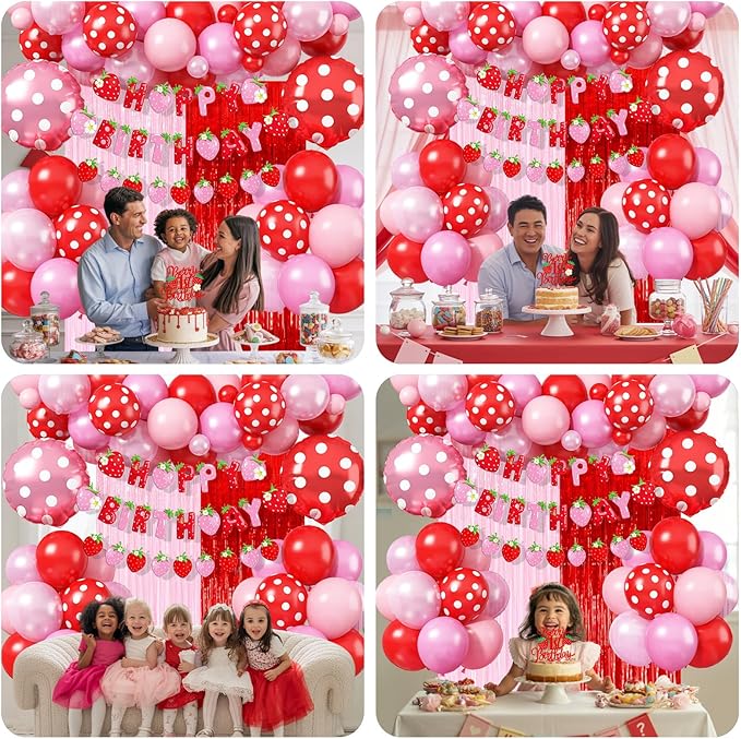 Strawberry Birthday Decorations for Girls, Berry First Birthday Decor Pastel Pink Red Polka Dot Foil Balloons Sweet Strawberry Banner Cake Topper for Sweet Berry Baby Shower 1st Girl Party Supplies