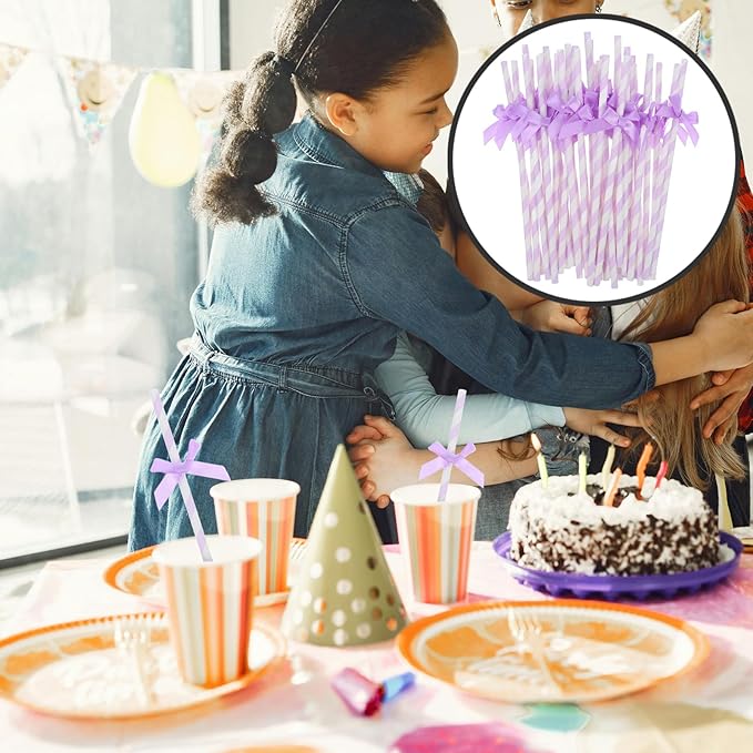 Gadpiparty Disposable Paper Straws with Purple Bow Tie Decorations 7.87 Inch Festive Decorative Straws for Birthday Wedding Baby Shower and Party Supplies