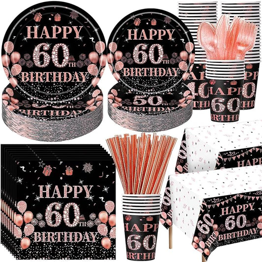 Funnymoom 452 Pcs 60th Birthday Decorations for Women Black and Rose Gold 60th Birthday Paper Plates Cups Napkins Tablecloth Cutlery Straws for Girls Women 60 Year Old Party Supplies for 50 Guests