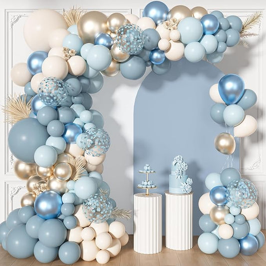 156Pcs Dusty Blue Balloons Arch Garland Kit, Dusty Baby Pastel Blue Chrome Gold Blue Sand White Confetti Balloon for Boy Baby Shower Decorations Bridal Shower Gender Reveal Birthday Party Supplies