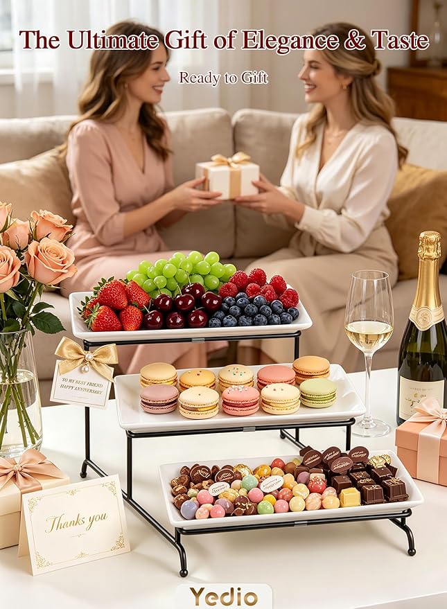3 Tier Serving Trays for Party, Porcelain Serving Platters and Trays, 12 Inch Tiered Tray Stand, Fruit Tray, Trays for Serving Food, White Dessert Stand with Collapsible Sturdier Metal Rack