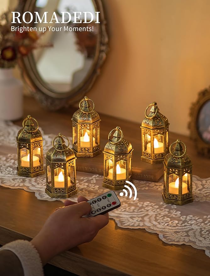 Romadedi Decorative Mini Lanterns for Centerpieces - Set of 10 Gold Vintage Small Candle Lantern Bulk with Remote for Wedding Table Decor Party Ramadan Christmas Halloween, Batteries Included