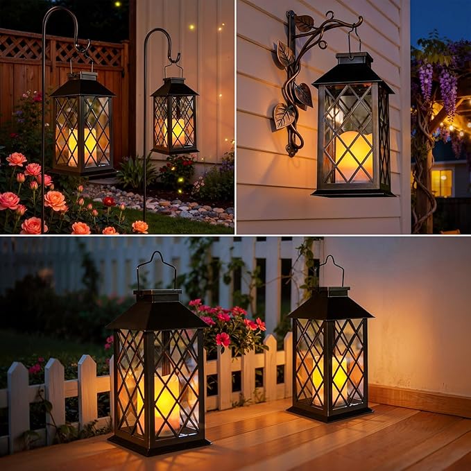 [2 Pack] TAKE ME Black 14" Solar Lanterns Outdoor Waterproof Garden Lanterns LED Candle Lights for Garden Outdoor Decor Mothers Day Gifts