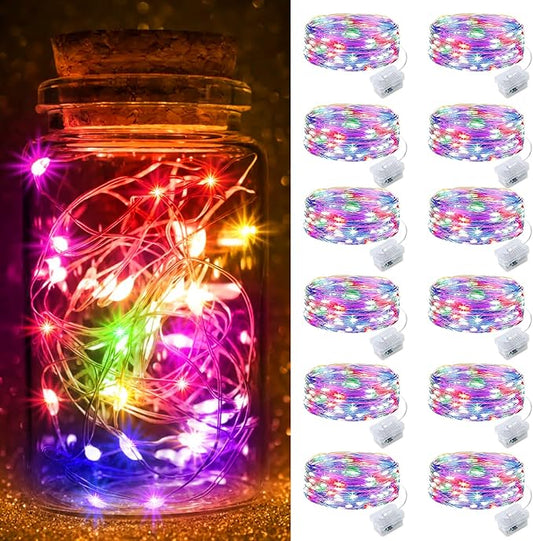 pozzolanas 12 Pack Multi-Colored Fairy Lights Battery Operated 3 Modes 7FT 20 LED Waterproof String Lights Twinkle Silver Wire for Mason Jars Wedding Christmas Halloween Decor (12, Multi-Colored)