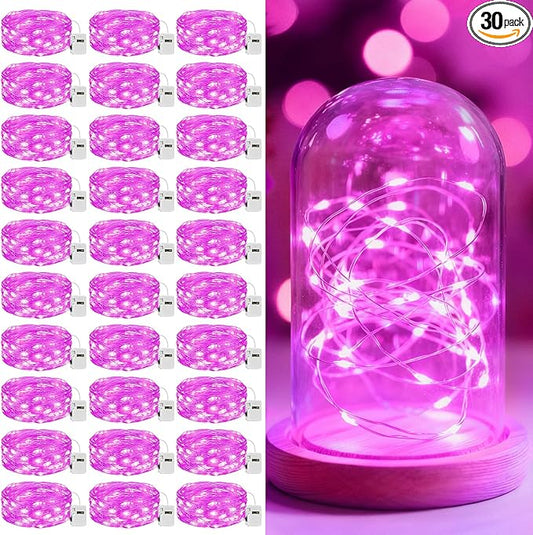 litogo 30 Pack 7FT 20 LED Fairy Lights Battery Operated, 3 Lighting Modes, Bulk Mini Twinkle String Lights Waterproof Silver Wire for Weddings Mason Jars Party Christmas Decorations-Pink