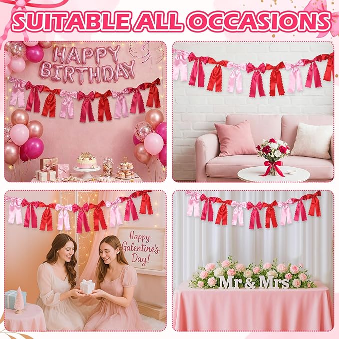 VitalCozy Rose Pink Bow Garland Decor for Coquette Party Decorations, Pre-Strung Rose Pink Satin Ribbon Birthday Party Garland Bow Banner for Bridal Shower Bachelorette Wedding Birthday Engagement