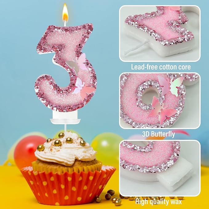 3rd Birthday Candles，Glitter Butterfly Cake Toppers Pink Sequins Wedding Numeral Cupcake Decorations，Suitable for Girl and boy Wedding Cakes, Party Celebrations, Birthday Decorations
