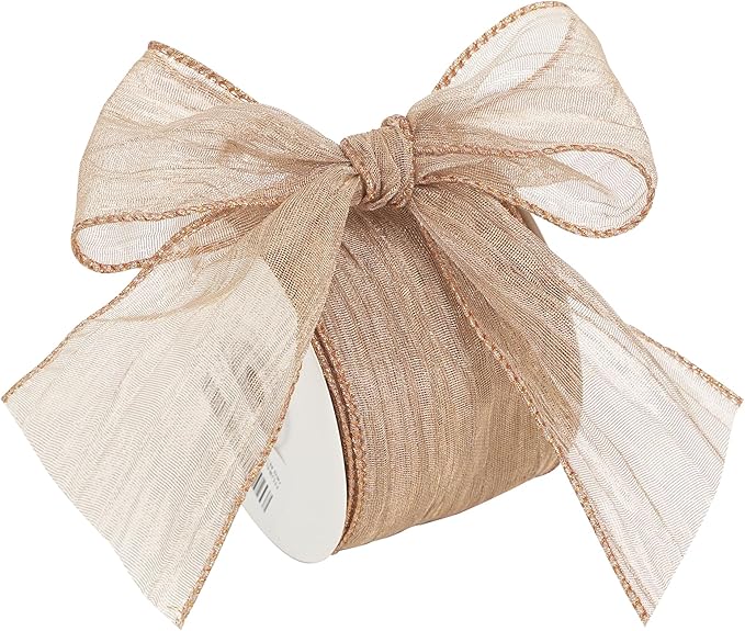 HUIHUANG Rose Gold Wired Ribbon Wavy Metallic Wired Ribbon 2-1/2 inch Wide Crinkle Wire Ribbon for Gift Wrapping Basket Wreaths Bows Making Home Decor DIY Crafts Christmas Tree Top Bows -10 Yards