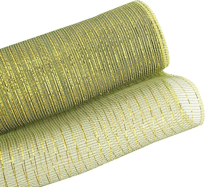 3 Rolls Orange Moss Green Deco Mesh Ribbon for Wreath Making Supplies, 10 Inch x 30FT Metallic Foil Burlap Deco Mesh Fabric for Fall Thanksgiving Halloween Door Wreath Swags and Decorating