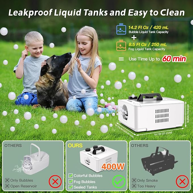 Wisdomlit Fog Bubble Machine, 2-in-1 Smoke Bubble Blower, 400W No-Spill Smoke Bubble Maker, 8000+ Colorful Bubbles | Fog Bubbles for Indoor Outdoor Birthday Halloween Party (White)