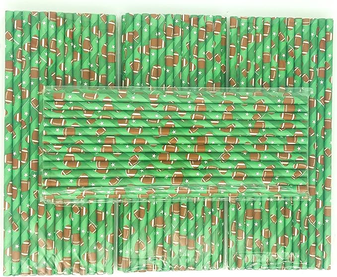100 pcs Sports Party Paper Straws, Ombre Green Stripe White Star Brown Rugby Football Bar Soda Beer Drinking Straws, Cute Biodegradable Decor Game Day Cake Pop Sticks (Green With Football)