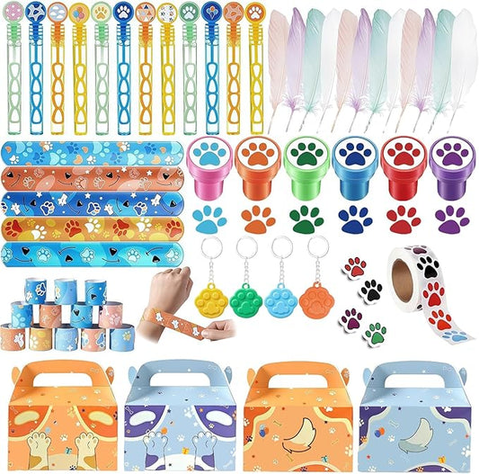 573 Pcs Dog Paw Print Party Favors Kids Birthday Party Gift Pinata Filler Goodie Bag Stuffer with Slap Bracelet, Paw Print Stamp, Keychain, Sticker, Dog Themed Birthday Gift Classroom Prizes