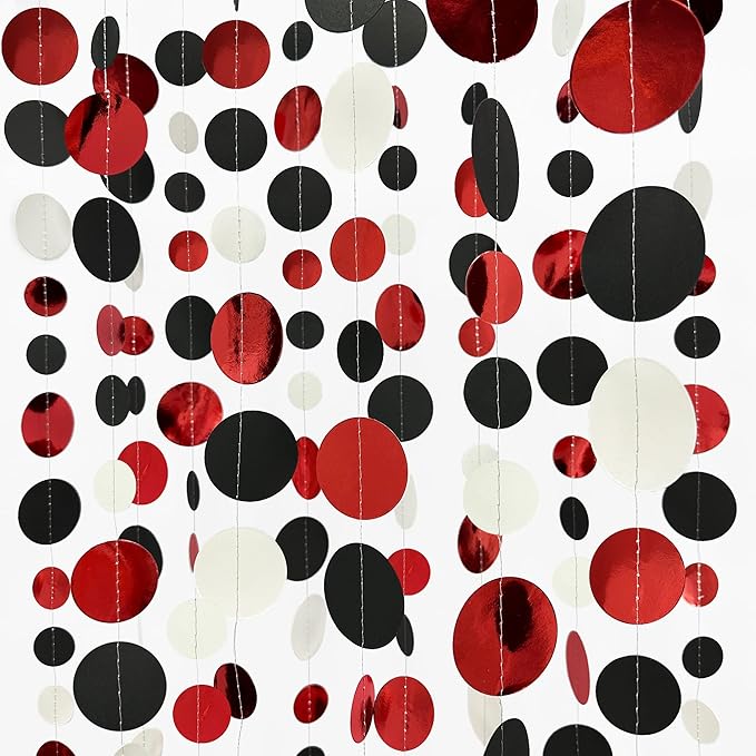 46 Ft Red Black and White Circle Dots Garland Hanging Paper Polka Dots Streamer for Graduations Birthday Bachelorette Engagement Wedding Bridal Shower Holiday Casino Poker Pirate Party Decorations
