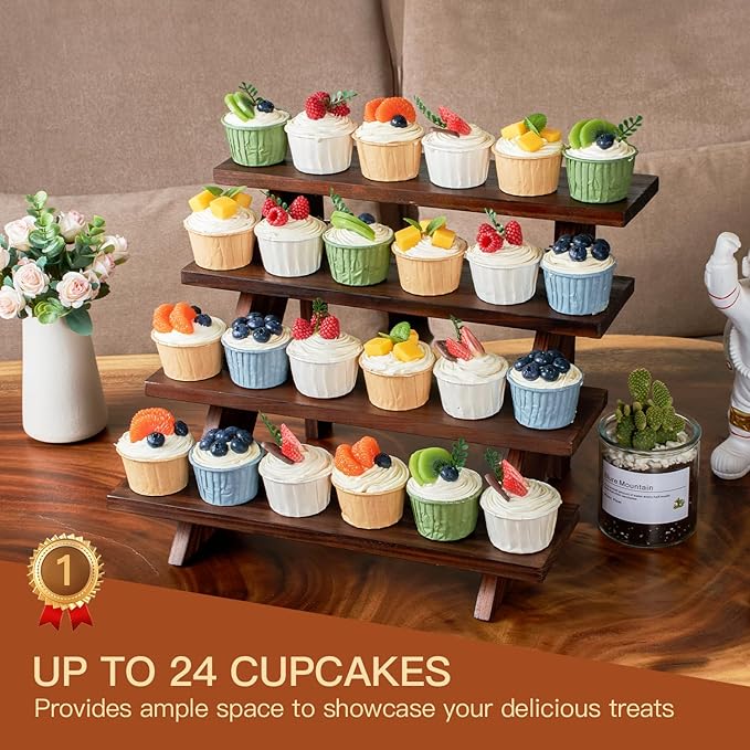 DAOYOUSKY Wooden Rustic Cupcake Stand for 24 Cupcakes, Stepped Wood Display Stand for Weddings, Tiered Party Table Display Riser for Food , Dessert, Cookie, Decor, Craft Show, Brown