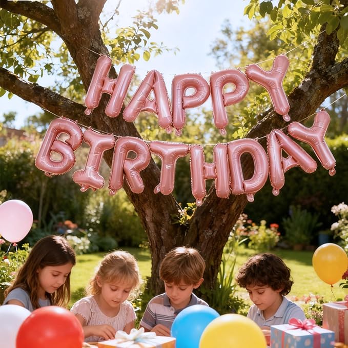 Pink Happy Birthday Balloon Banner Set -16 Inch Foil Letters Balloons, Reusable Birthday Decorations and Party Supplies, Suitable for Men and Women's Birthday Decorations，Party Backdrop
