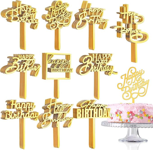 150 Pcs Happy Birthday Cake Toppers Acrylic Cake Topper Glitter Birthday Cake Decorations Double Sided for Adults Various Cake Decoration Party Supplies(Gold,Brief)