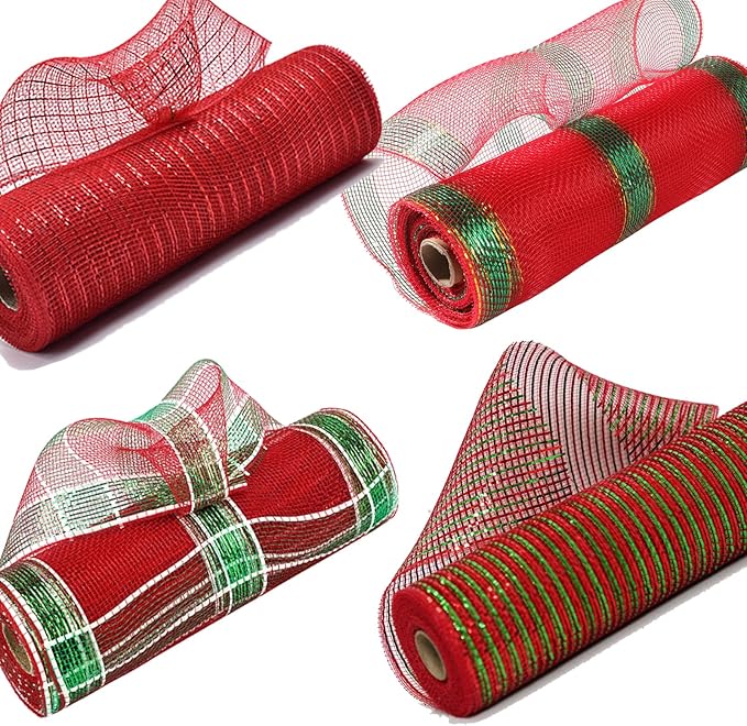 5 Rolls Christmas Mesh Ribbon for Wreath, 10 Inch x 30FT Per Roll Metallic Foil Deco Mesh Rolls Red Green Stripe Decorative Mesh for Christmas Tree Winter Holiday Wreath Party Decor