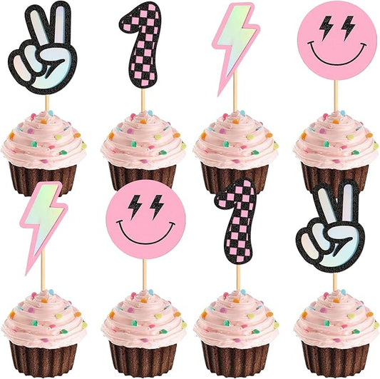 Ercadio 24 Pack Smile Cupcake Toppers Pink 1 Lightning Scissorhands Cupcake Picks Smiley Assorted Cake For Girls Baby Shower Birthday Party Cake Decoration Supplies