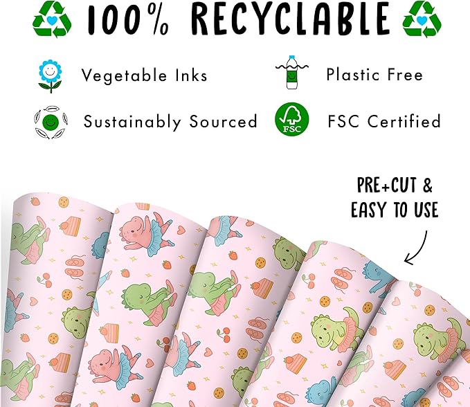 CENTRAL 23 Dinosaur Ballerina Wrapping Paper - 6 Sheets Gift Wrap for Kids Girls or Boys - Birthday Christmas Baby Shower - Cute Colorful Dinos Dancing in Tutus - Recyclable - Comes with Tags