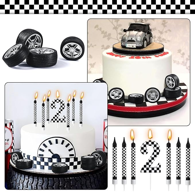 13 Pcs Racing Cars Themed Birthday Candles, Black and White Checkered Birthday Cake Candles, Numeral 2Candle Wheel Tire for Racing Car Party Decoration Theme Party Supplies