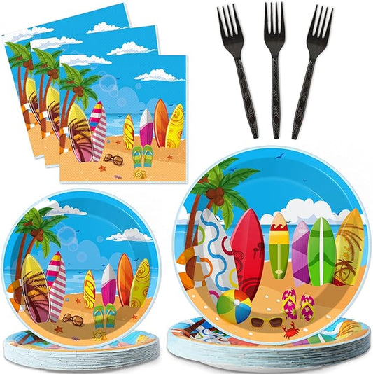 100 Pcs Summer Beach Surfing Party Paper Plates Napkins Supplies for Pool Surfs up Surfboard Theme Birthday Party Decorations Luau Bbq Picnic favors Disposable Dinnerware Plate Serves 25