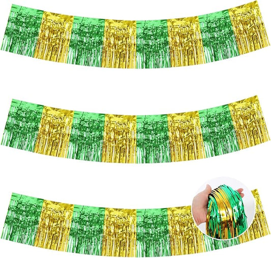 BEISHIDA 3 Packs Metallic Foil Fringe Garland Green Gold Wall Hanging Tinsel Fringe Banners for Car Floats Bridal Shower Wedding Birthday Graduation Holiday Party Decoration(30 Feet)