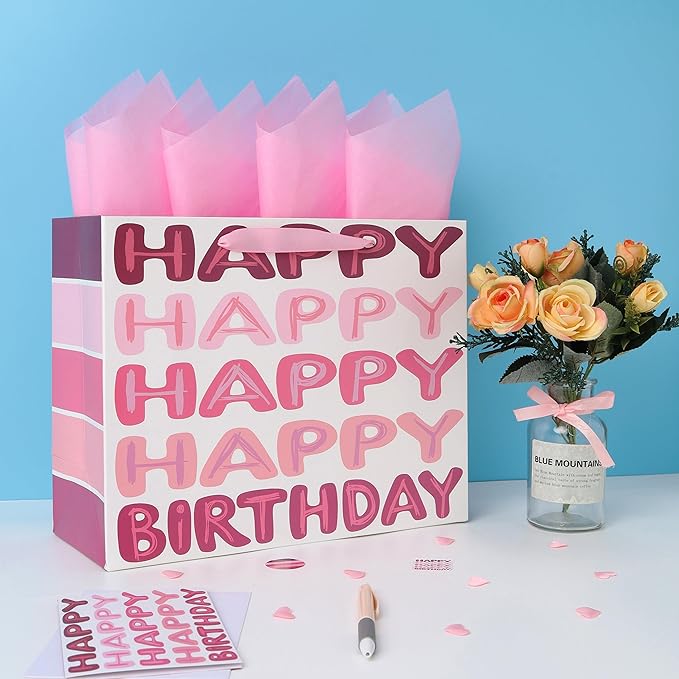 Qirrmiy 13'' Large Pink Happy Birthday Gift Bag Set with Handles, Greeting Card, Tissue Papers and Stickers for Women Girls Kids Teens, Words Design, 1 Pcs