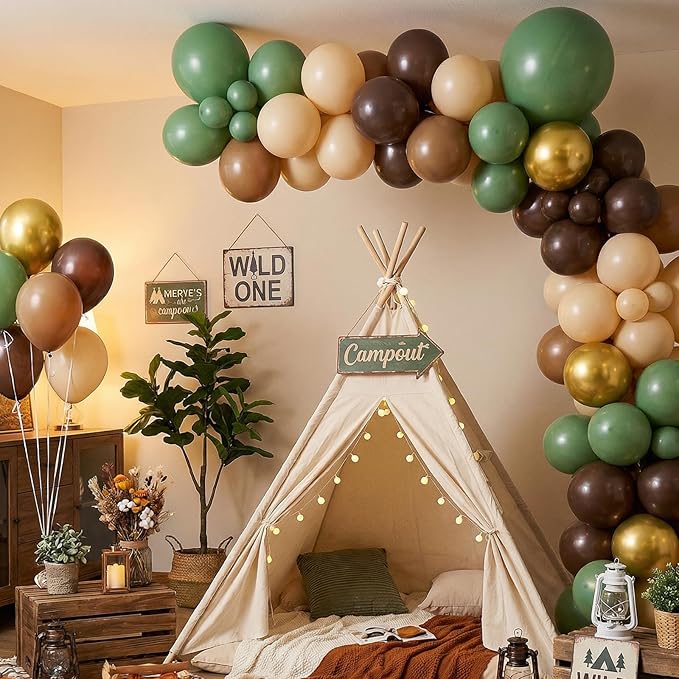 RUBFAC Sage Green and Brown Balloons, 65pcs Olive Green Dark Brown Coffee Nude Gold Metallic Party Balloons for Camo Army Hunting Birthday Jungle Safari Woodland Floral