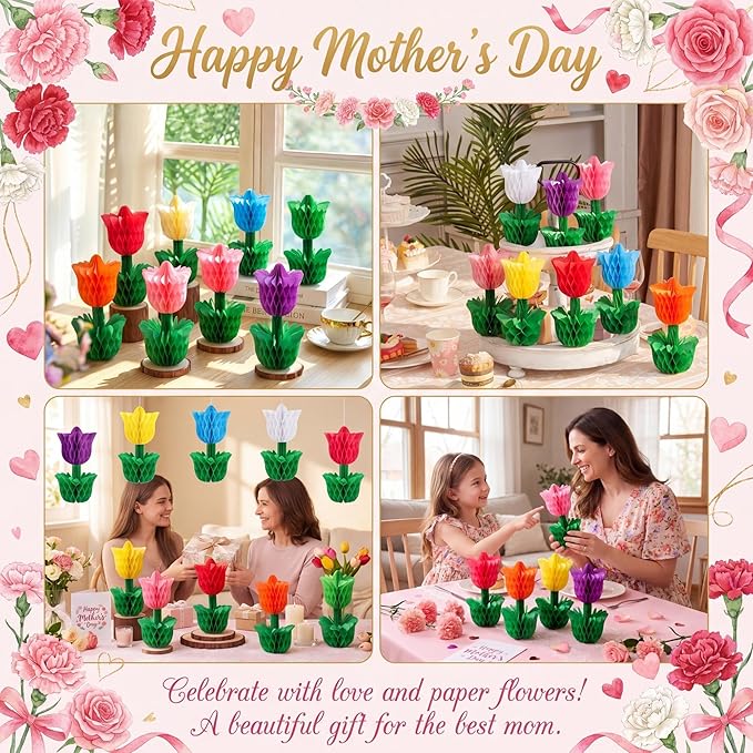 Colingmill 10 Pcs Spring Flower Honeycomb Centerpieces Tulip Mother's Day Decoration Spring Flower Party Supplies Tulip Floral Tabletop for Home Office Garden Wedding Tiered Tray Party Decor